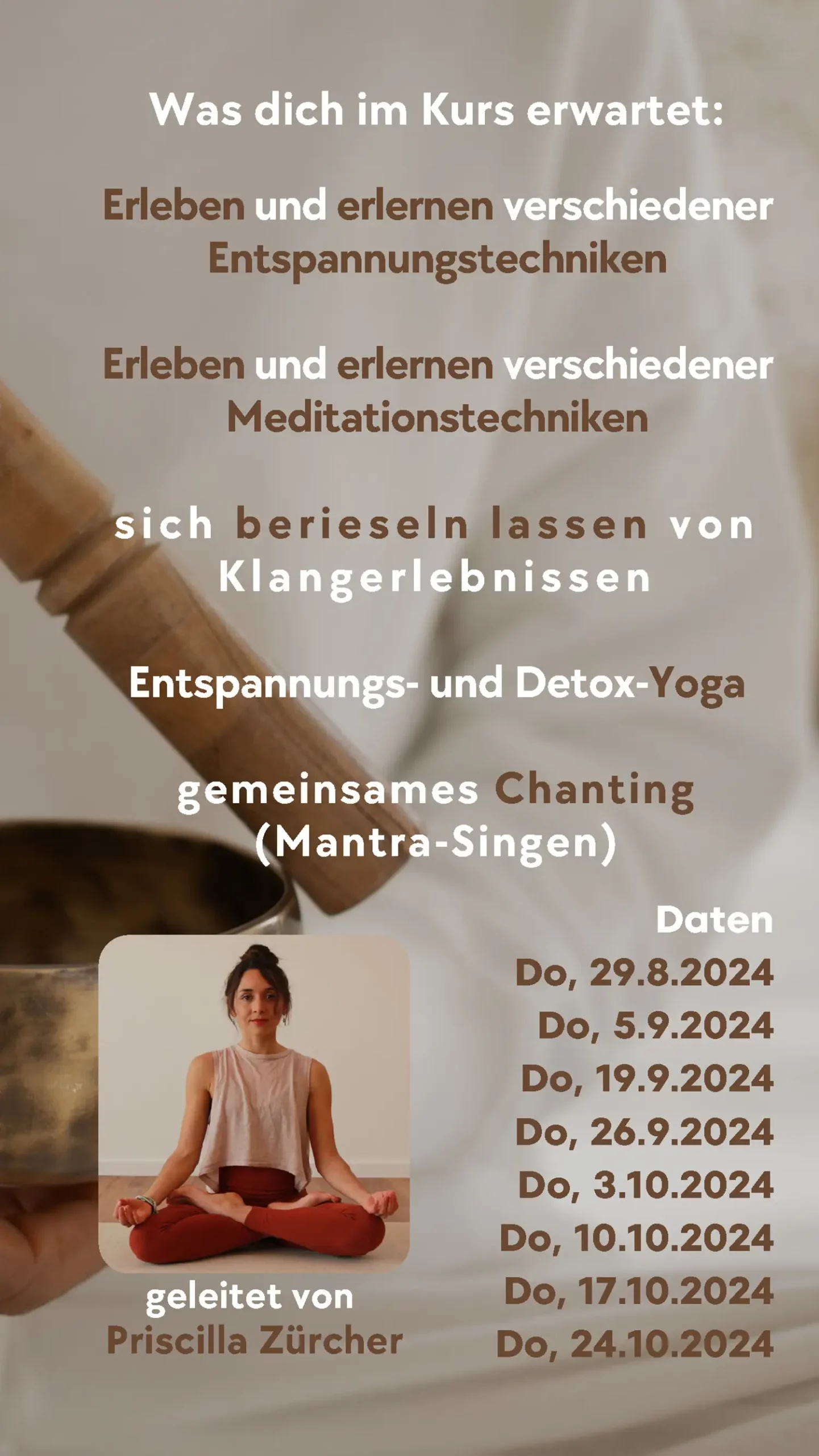 Mantra Yoga ist ein Kursangebot von Priscilla Zürcher. Gemeinsam Lernen wir Entspannungsübungen und Mantratechniken. Achtteiliger Yogakurs an je 75 Minuten von Surya Yoga für nur 230 CHF.